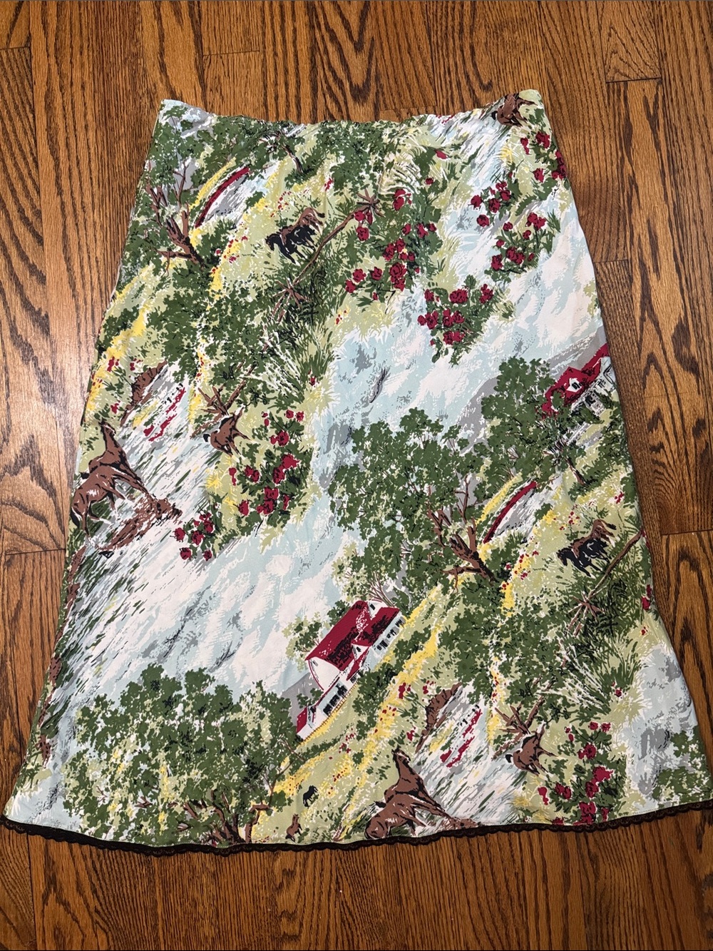 Vintage Late 90s Y2K GAP 100% Silk Countryside Scenic Print Midi Skirt Size 8